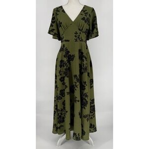 Premier Amour Olive Black Floral Smocked Waist Maxi Dress Size 10 NWT